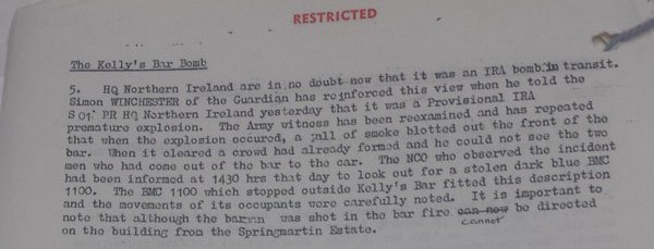 Kellys Bar car bomb attack Paper Trail Legacy Archive Research Part of the Situation Report file on the Kelly's Bar attack signed by the British Prime Minister