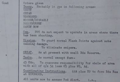 British Army Operational Orders on 27th June 1970