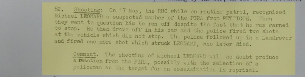 New evidence in the RUC murder of Michael Leonard - RUC reports to British Army