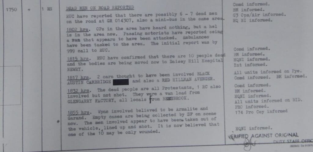 The horror of the Kingsmill Massacre in the British military logs