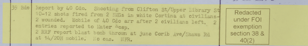 HQNI Log recording the shooting at Unity on 24th July 1972